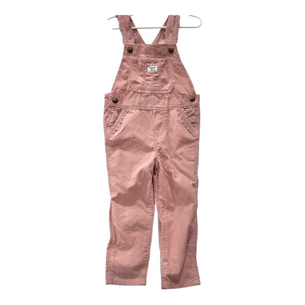 OshKosh Bgosh Girls Pink Corduroy Overalls Eyelet Lace Trim Size 3T Cotton